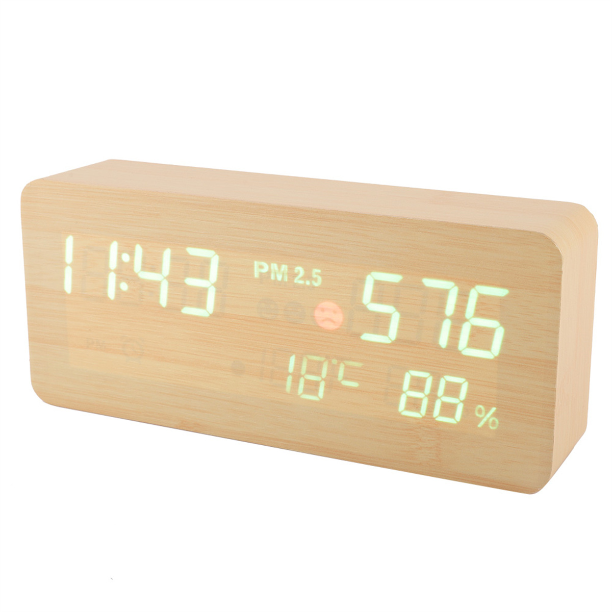 Eine digitale Holzuhr mit der Anzeige 11:43, PM 2.5, 576, 18 Grad und 88 Prozent.