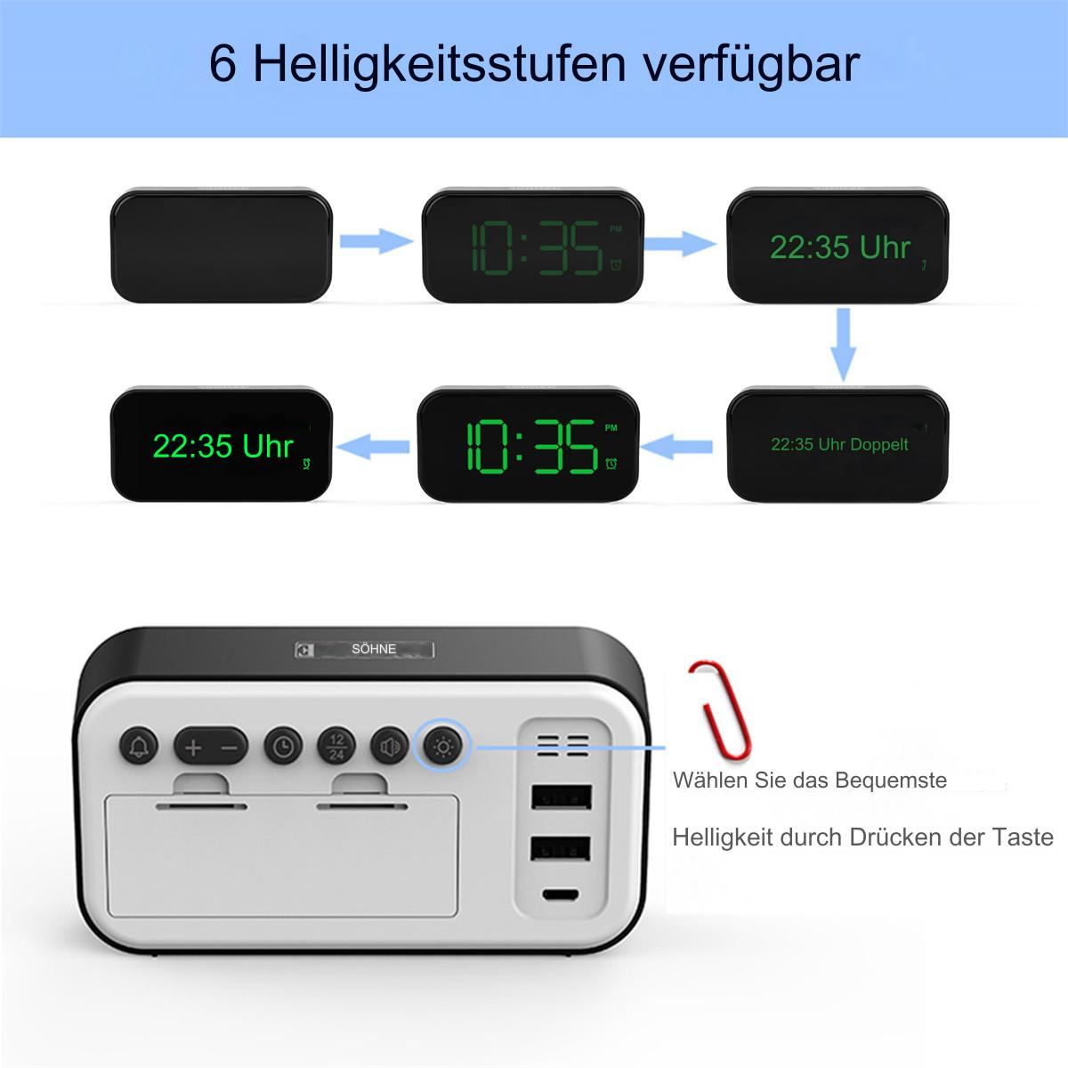 Schwarz-weißer digitaler Wecker mit mehreren Tasten und einer Anzeige, die Zeitablaufdiagramme zeigt.