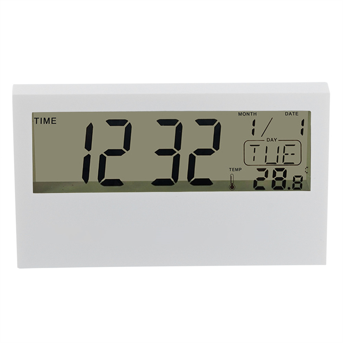 Weiße Digitaluhr. Zeigt Zeit, Monat, Datum, Tag und Temperatur. Weißer Hintergrund.