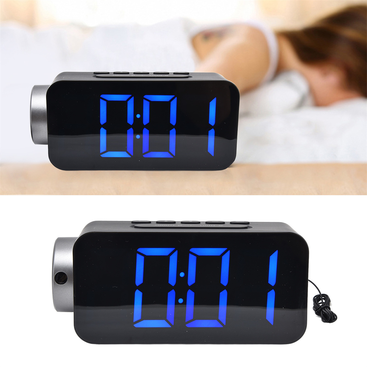 Eine Digitaluhr mit blauen Ziffern, die die Uhrzeit anzeigt.