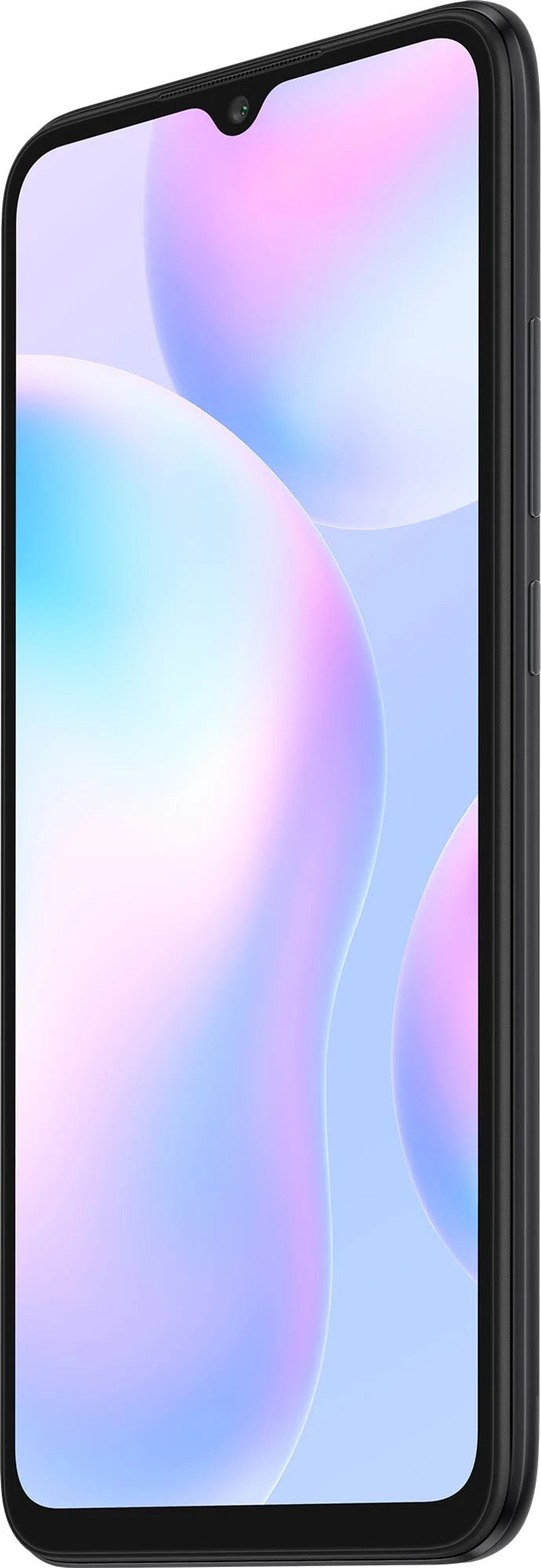 Ein schwarzes Smartphone von der Seite betrachtet. Der Bildschirm zeigt ein farbenfrohes abstraktes Bild.