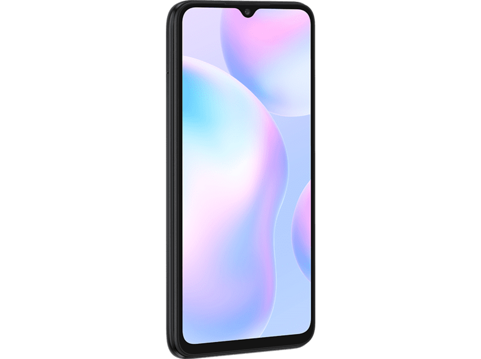 Ein schwarzes Smartphone mit einem Bildschirm, der bunte abstrakte Formen zeigt.