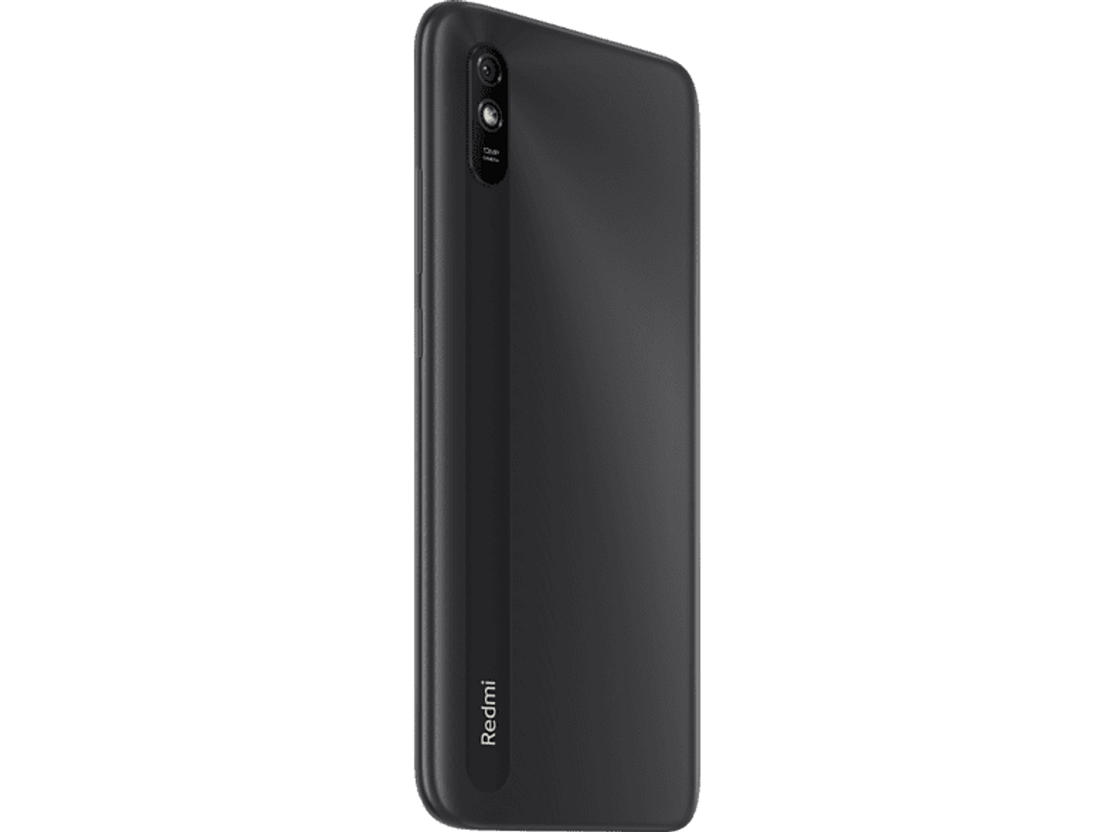 Ein schwarzes Redmi-Smartphone von hinten betrachtet, auf schwarzem Hintergrund.