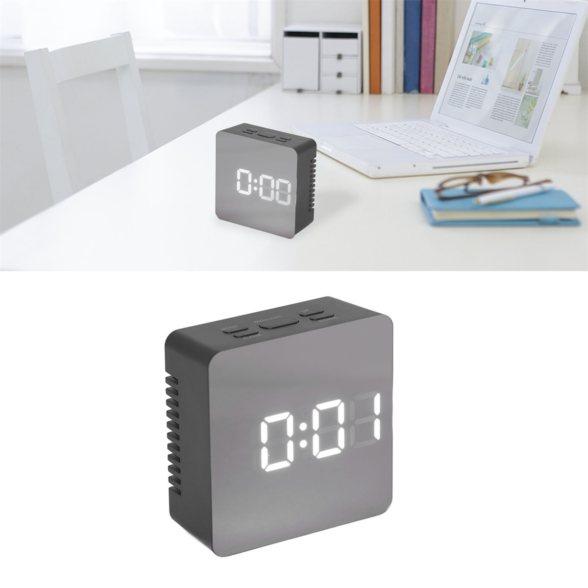 Eine graue Spiegeluhr mit digitaler Anzeige, die 0:00 und 0:01 anzeigt. Auf dem Tisch liegen ein Laptop und ein Stift.