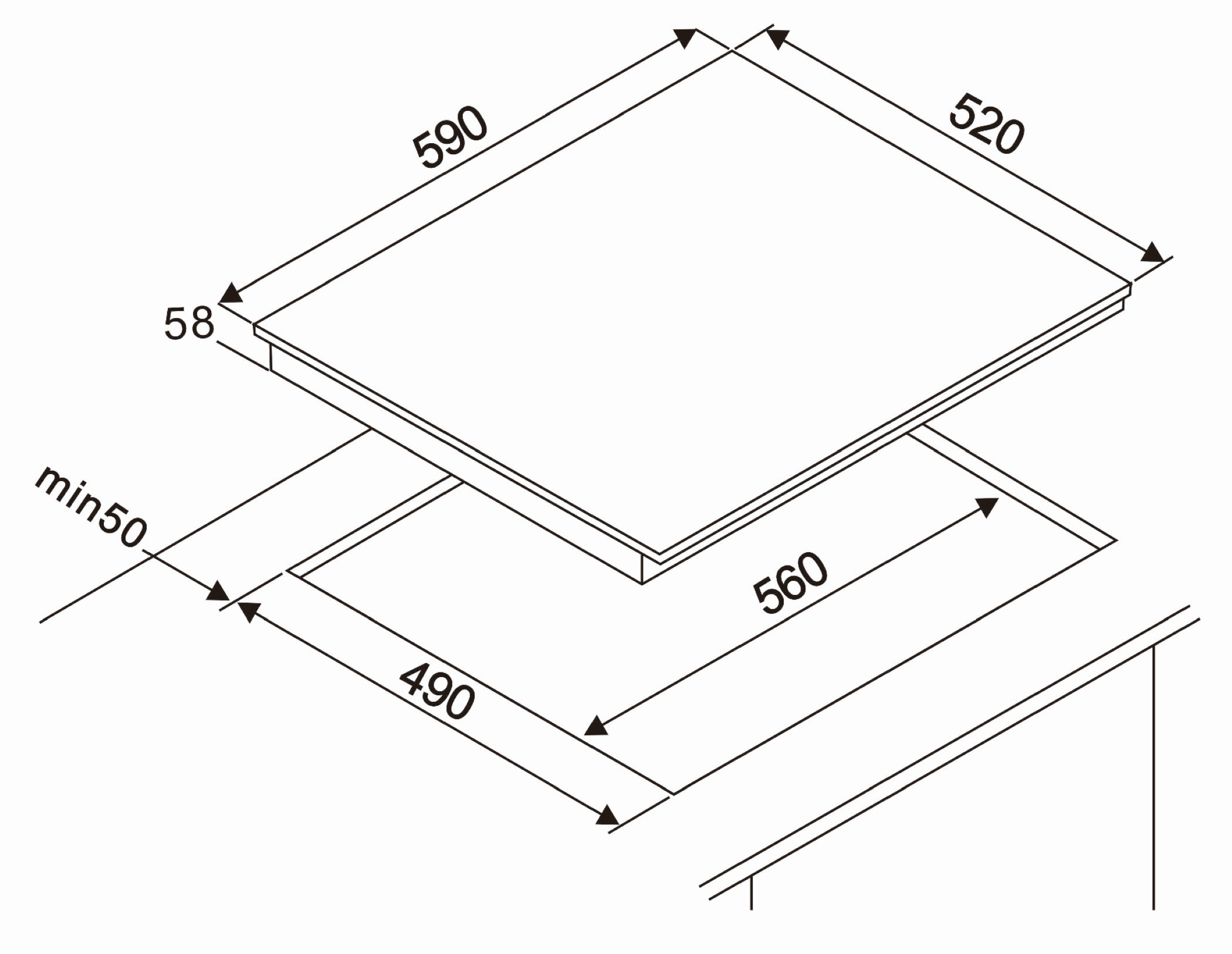 Diagram van een rechthoekige kookplaat met afmetingen en een uitsparing voor installatie.