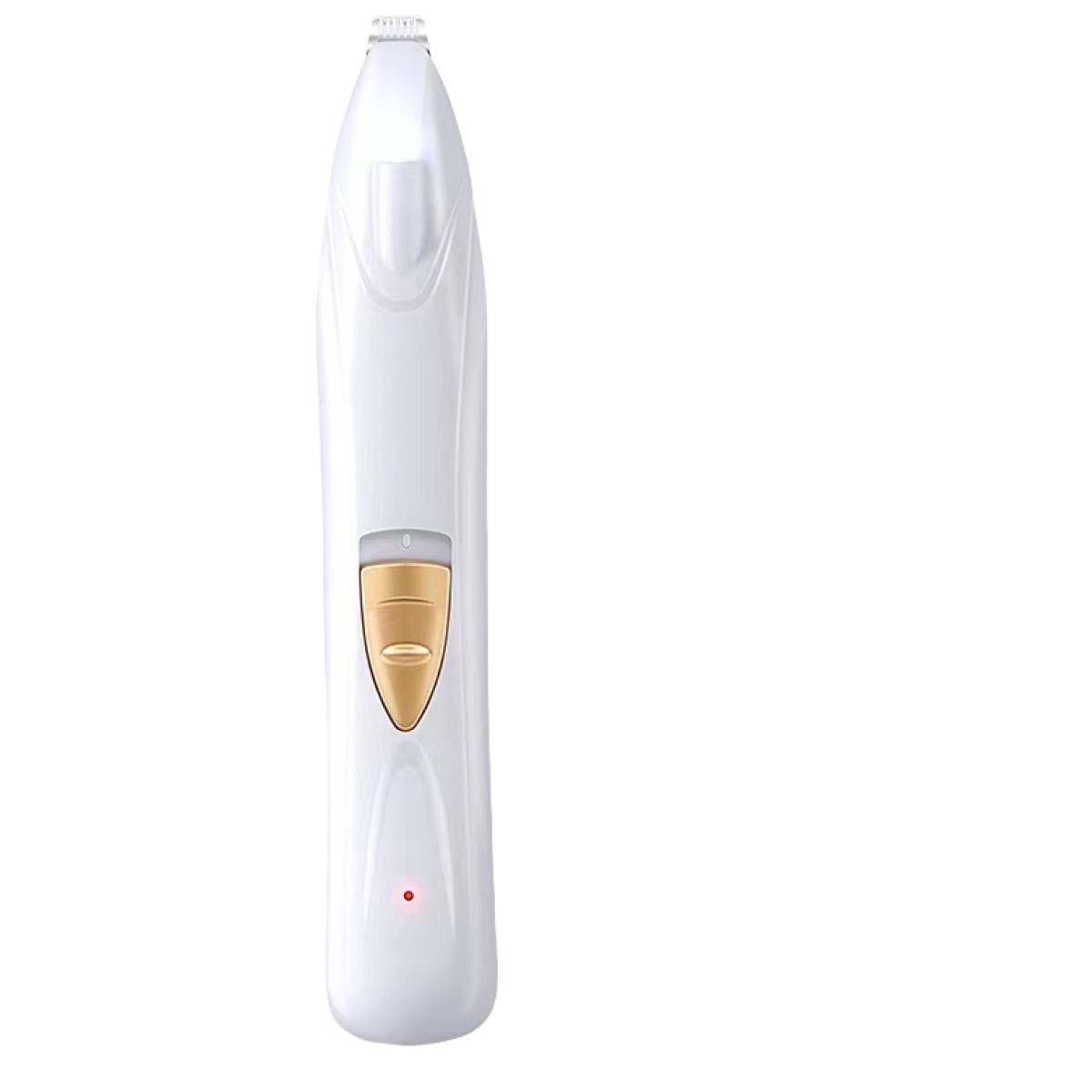 Ein weiß-goldener elektrischer Trimmer wird gezeigt. Der Trimmer hat eine goldene Taste und ein rotes Licht, vor weißem Hintergrund.
