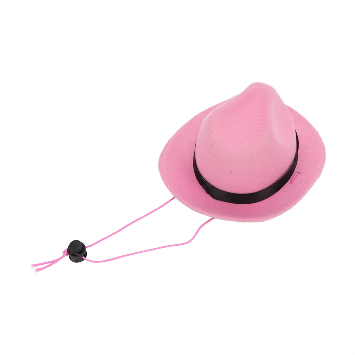Ein rosa Cowboyhut mit schwarzem Band und Schnur. Weißer Hintergrund.