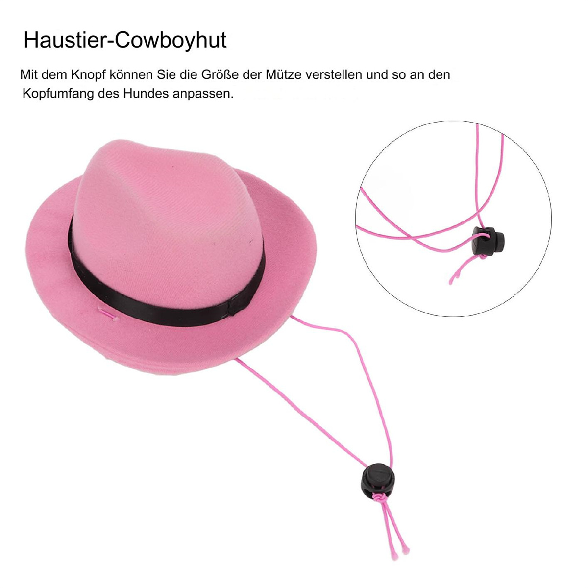 Ein rosa Cowboyhut für Hunde mit Kordelzug und eine Nahaufnahme des Knopfes.