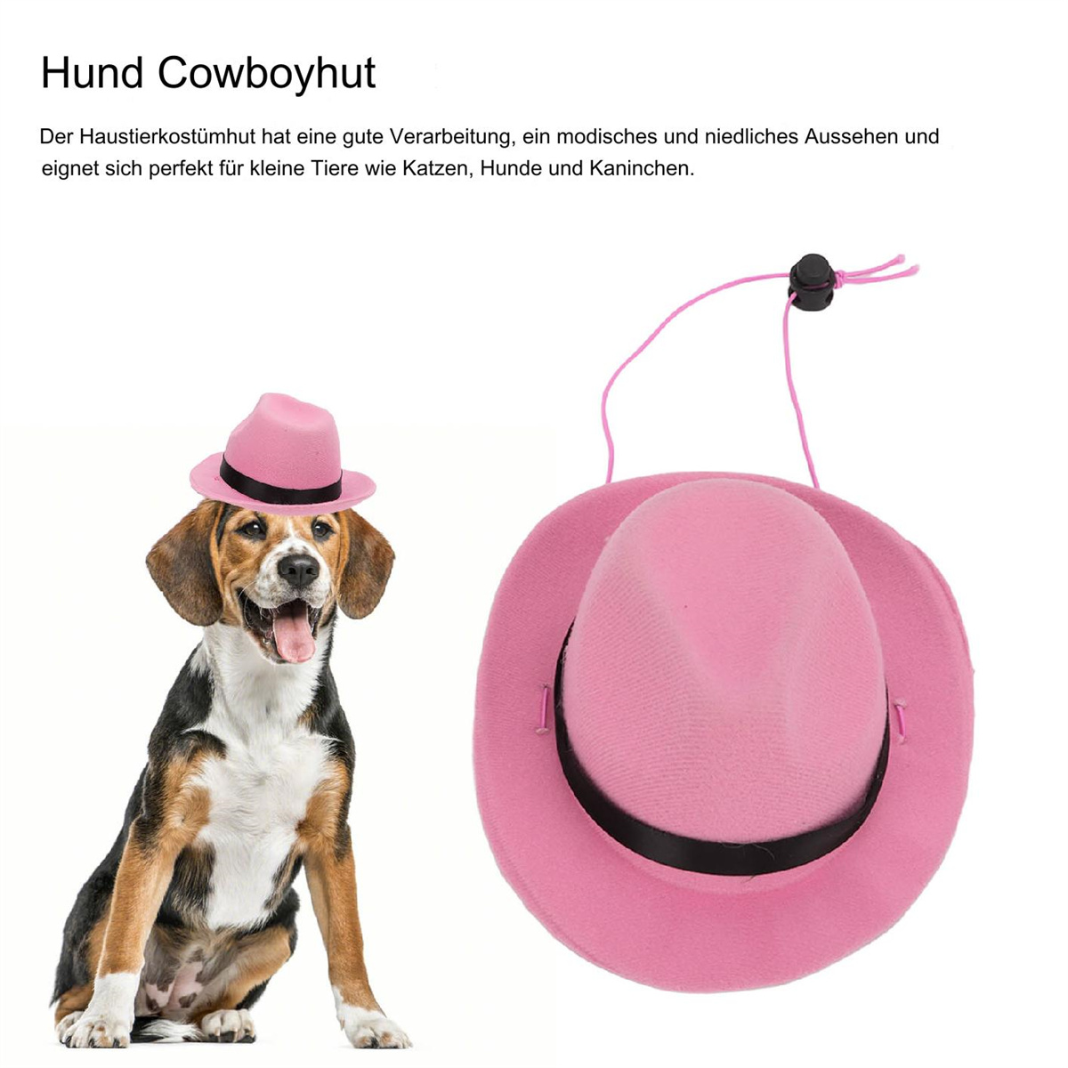 Ein Beagle mit rosa Cowboyhut neben einem größeren rosa Hut auf weißem Hintergrund.