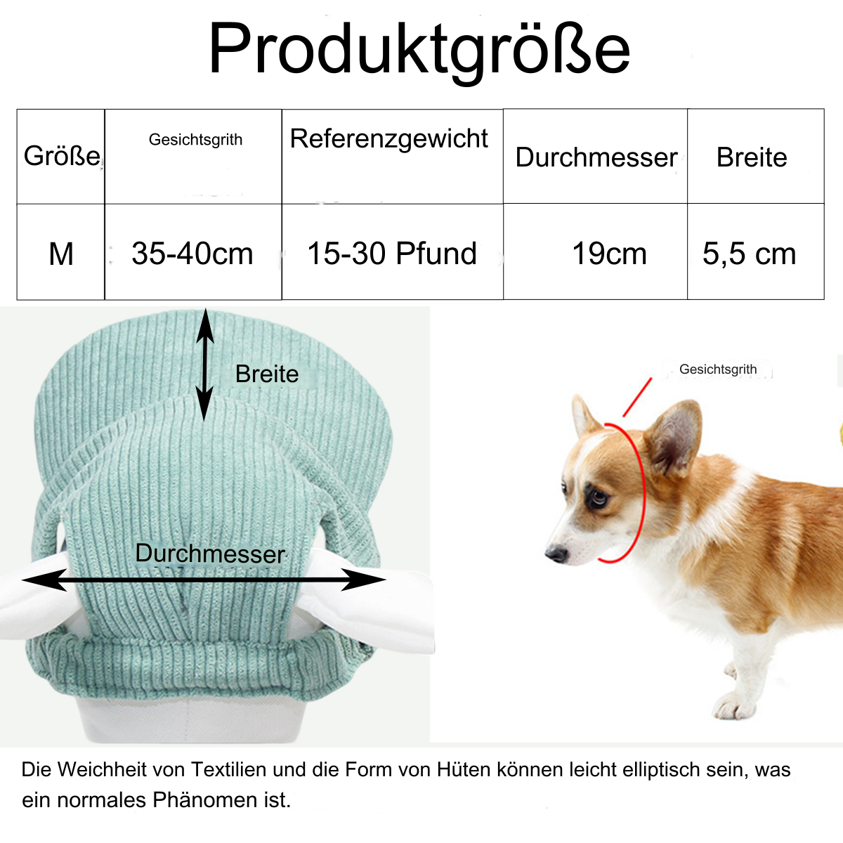 Diagramm eines Hundes, der einen Hut trägt, mit Messungen und Größenangaben auf Deutsch.