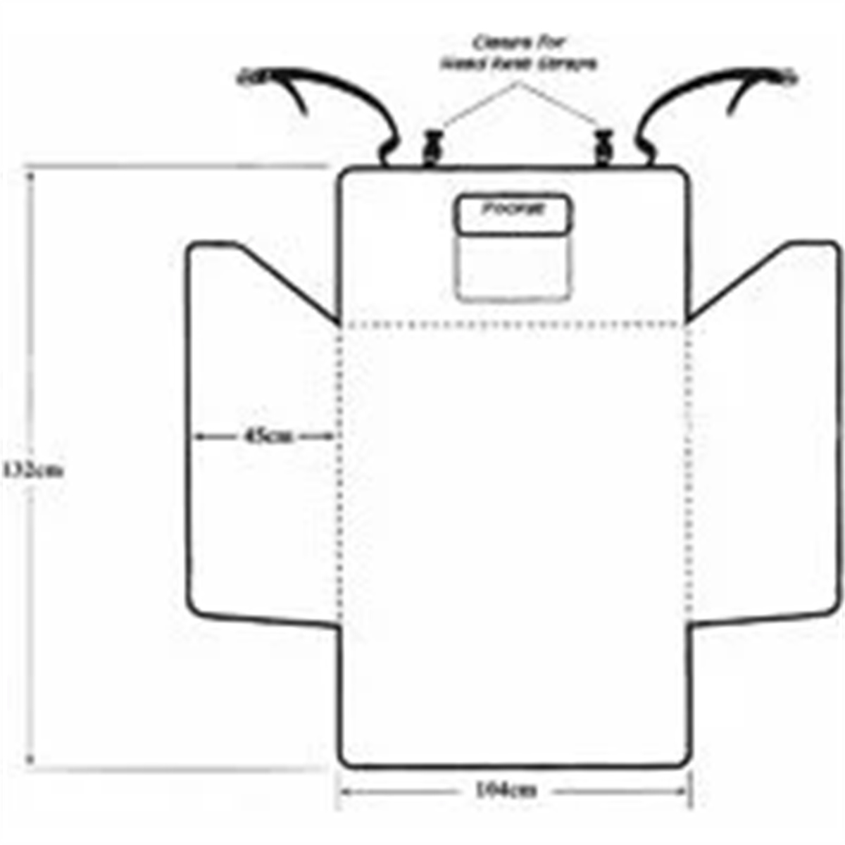 Ein Diagramm einer Autositzbezug mit Abmessungen. Der Bezug ist rechteckig mit Klappen an den Seiten.