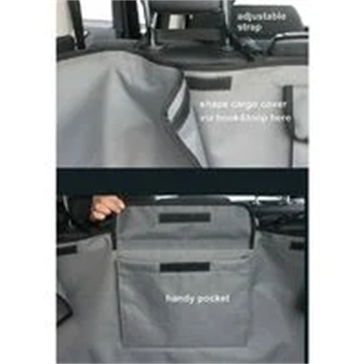Nahaufnahme einer grauen Auto-Frachtabdeckung mit Taschen und verstellbaren Trägern. Details werden hervorgehoben.