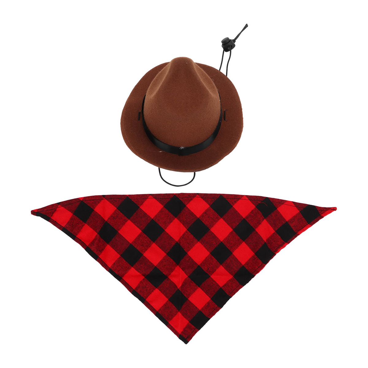 Ein brauner Cowboyhut und ein rot-schwarz kariertes Halstuch auf weißem Hintergrund.