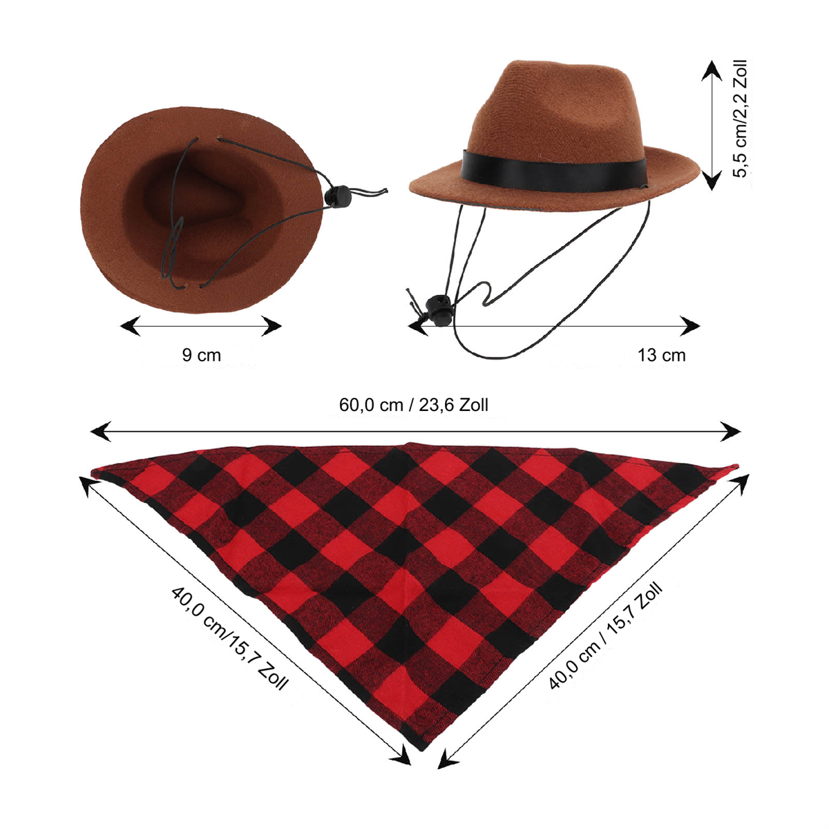 Brauner Hut und rot-schwarz kariertes Bandana, mit Maßen, auf weißem Hintergrund.