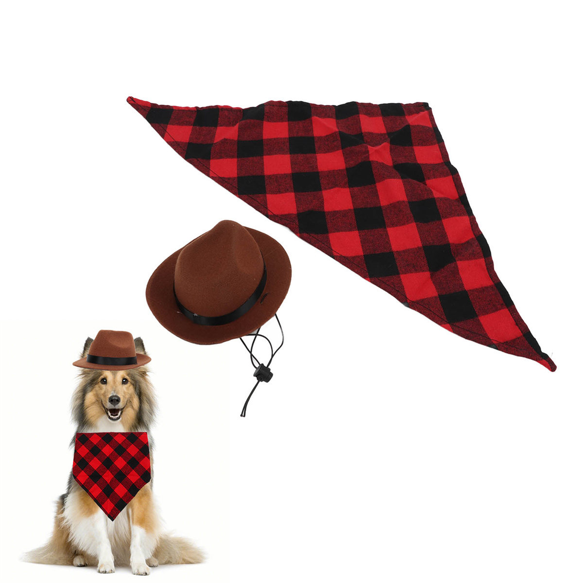 Ein Hund mit Hut und rot-schwarzem Karobandana und ein weiterer Hut und Bandana.