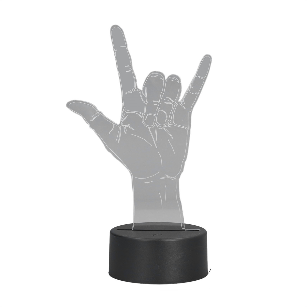 Handgesten-Leuchtskulptur, die das Rock-Zeichen bildet. Schwarzer Sockel, weißer Hintergrund.