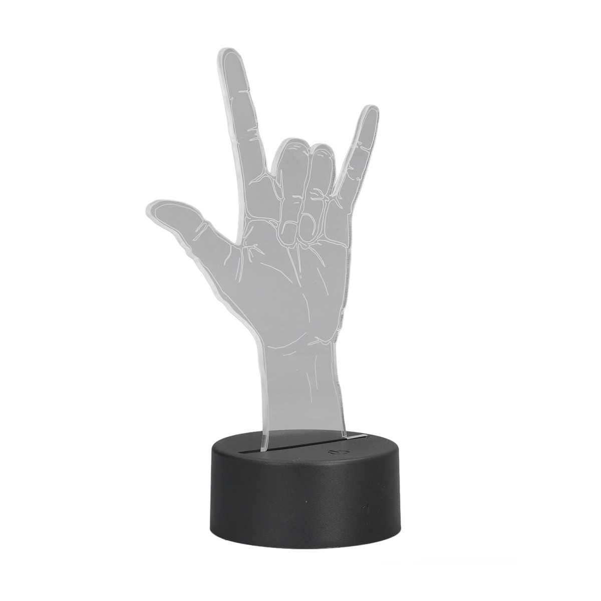 Eine Hand im 'Ich liebe dich'-Zeichen, aus transparentem Material auf schwarzem Sockel.