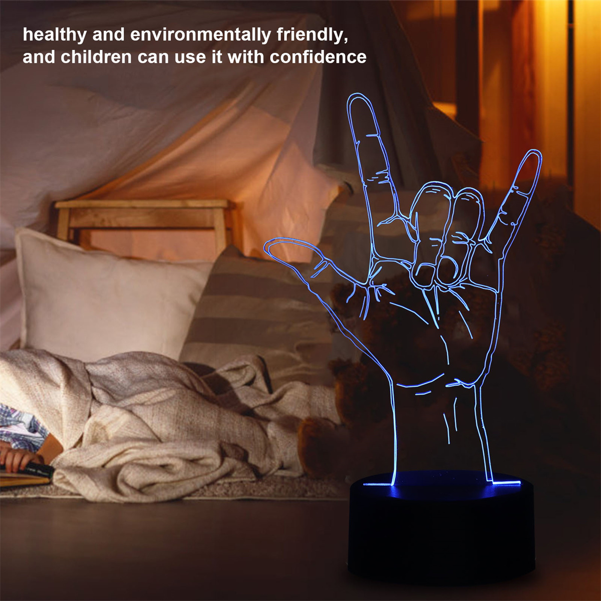 Neon-Handgestenlicht auf schwarzer Basis, mit Text: 'gesund und umweltfreundlich'.