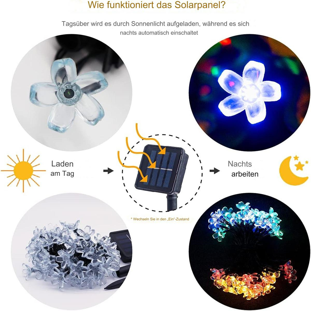 Solarpanel mit Blumenlichtern. Die Bilder zeigen das Laden, die Beleuchtung und das Solarpanel selbst.