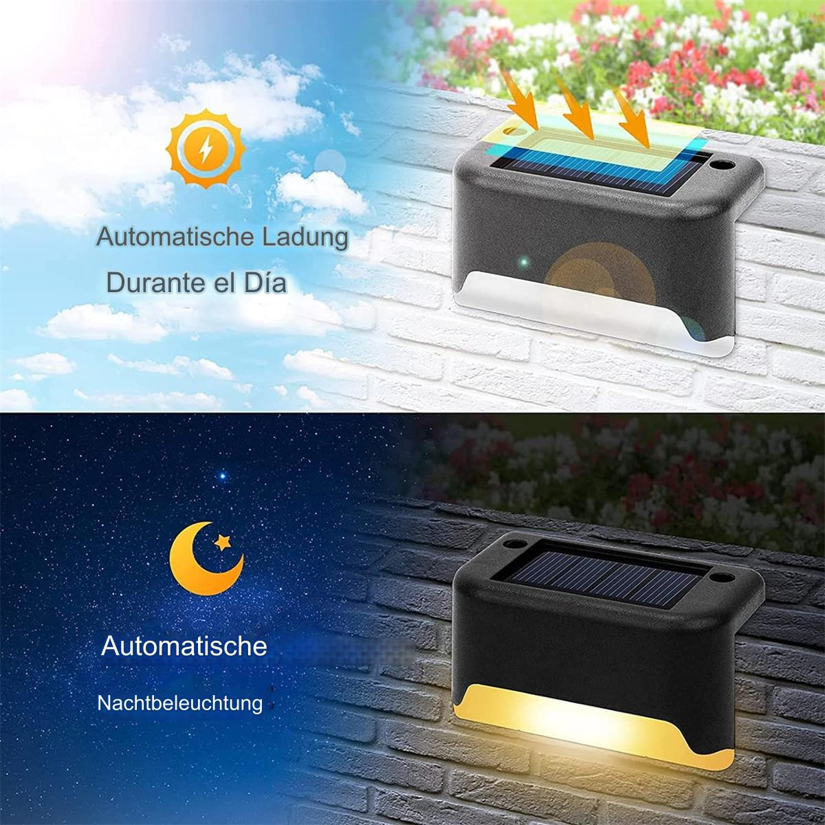 Eine solarbetriebene Gartenleuchte. Sie zeigt Tag- und Nachtmodi mit Text auf Spanisch und Deutsch.