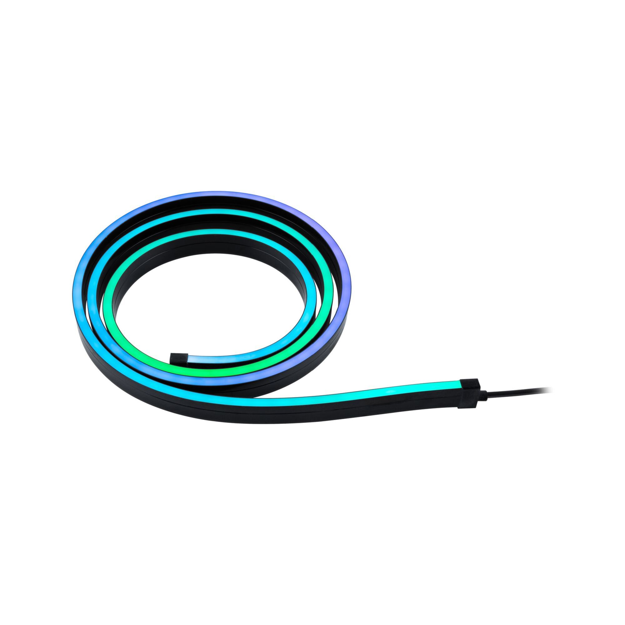 Eine Rolle mehrfarbiger LED-Streifen. Das Licht ist aufgerollt, mit den Farben Grün, Blau und Lila sichtbar.