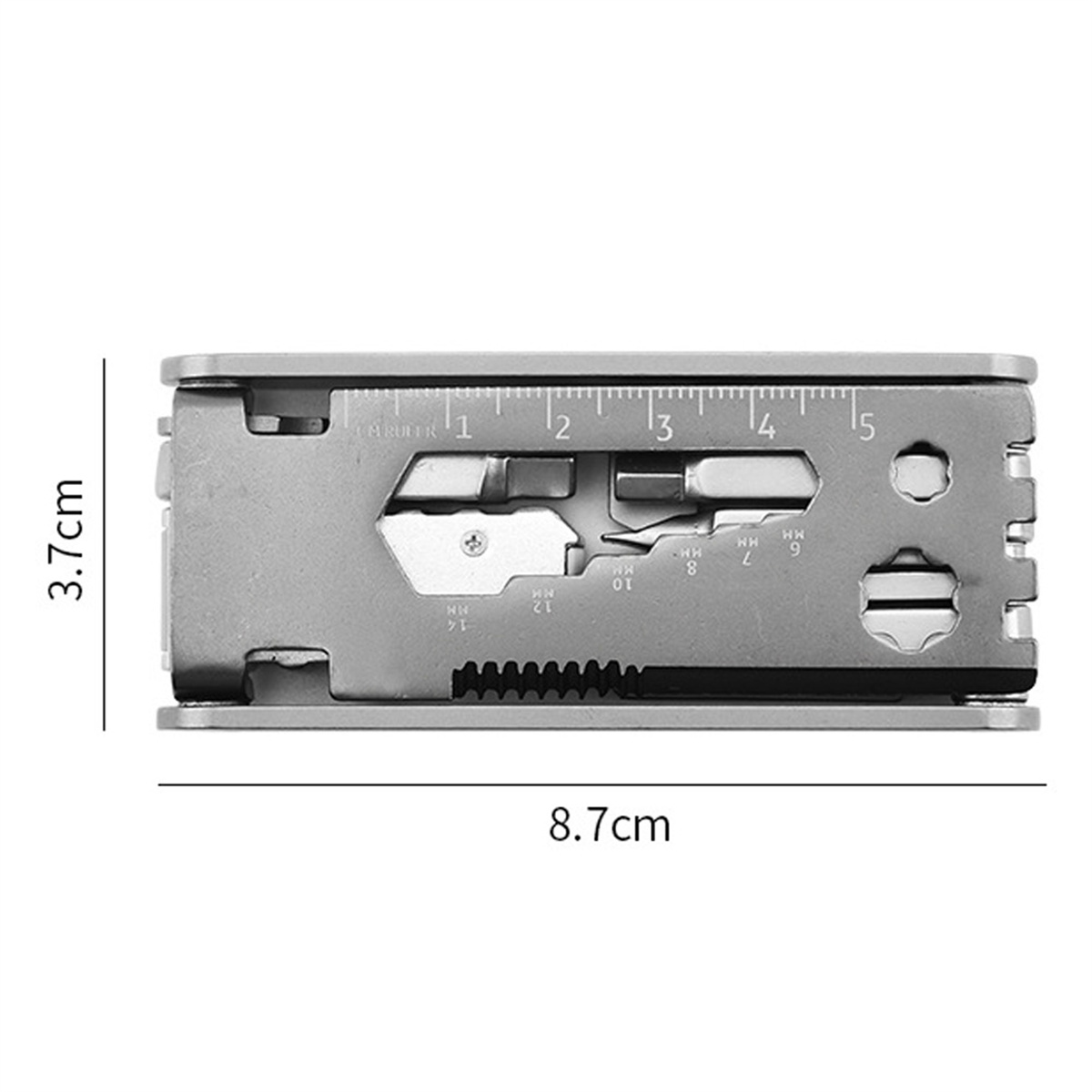 Silbernes Multitool mit Linealmarkierungen, das verschiedene Werkzeuge zeigt.
