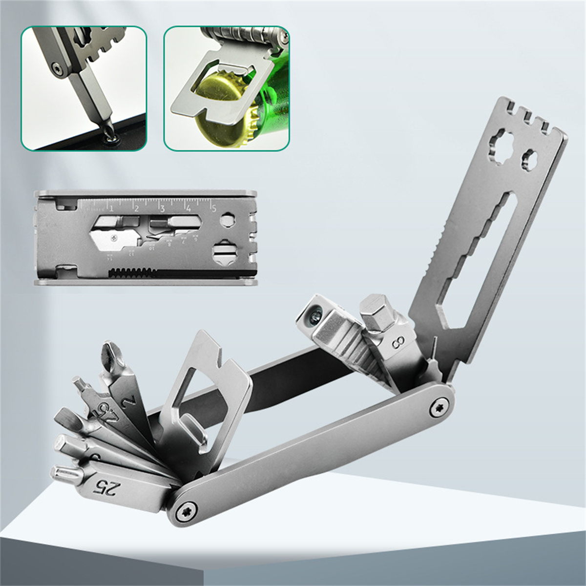 Multitool mit verschiedenen Aufsätzen. Enthält Werkzeuge wie Schraubendreher und Flaschenöffner.