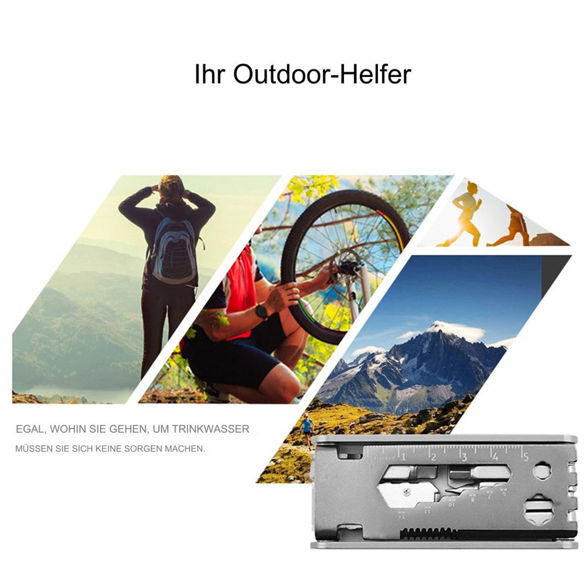 Bildcollage mit Outdoor-Werkzeugen und -Aktivitäten, mit einem silbernen Multitool im Fokus.