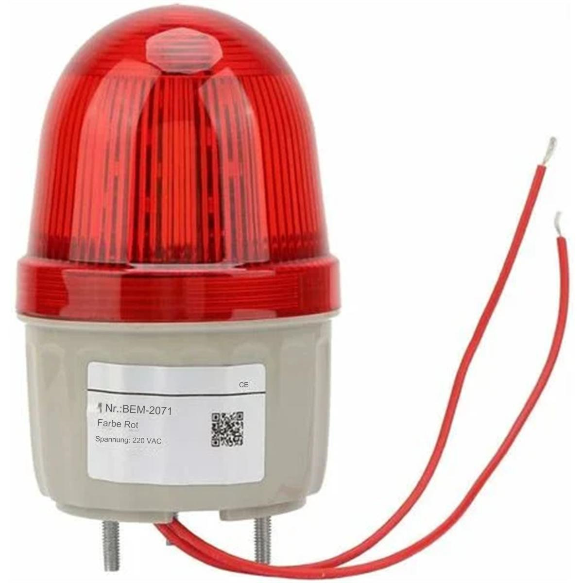 Rotes Warnlicht mit klarer Kuppel auf grauem Sockel. Zwei rote Drähte gehen nach unten.