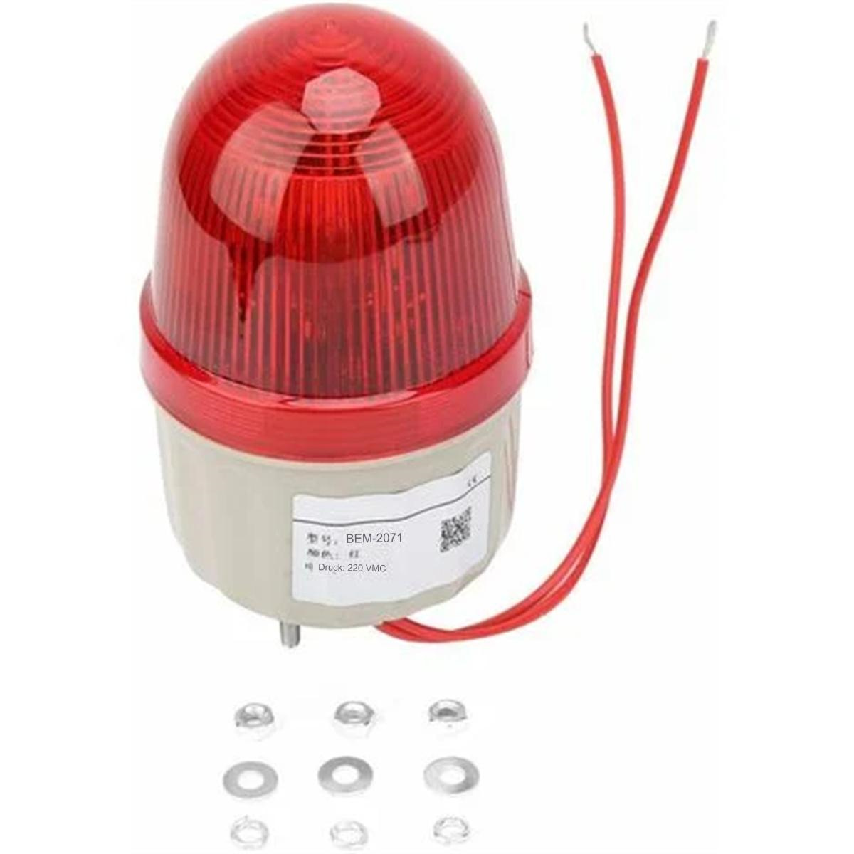 Ein rotes Notlicht mit weißem Sockel und zwei roten Drähten, mit Muttern und Unterlegscheiben.