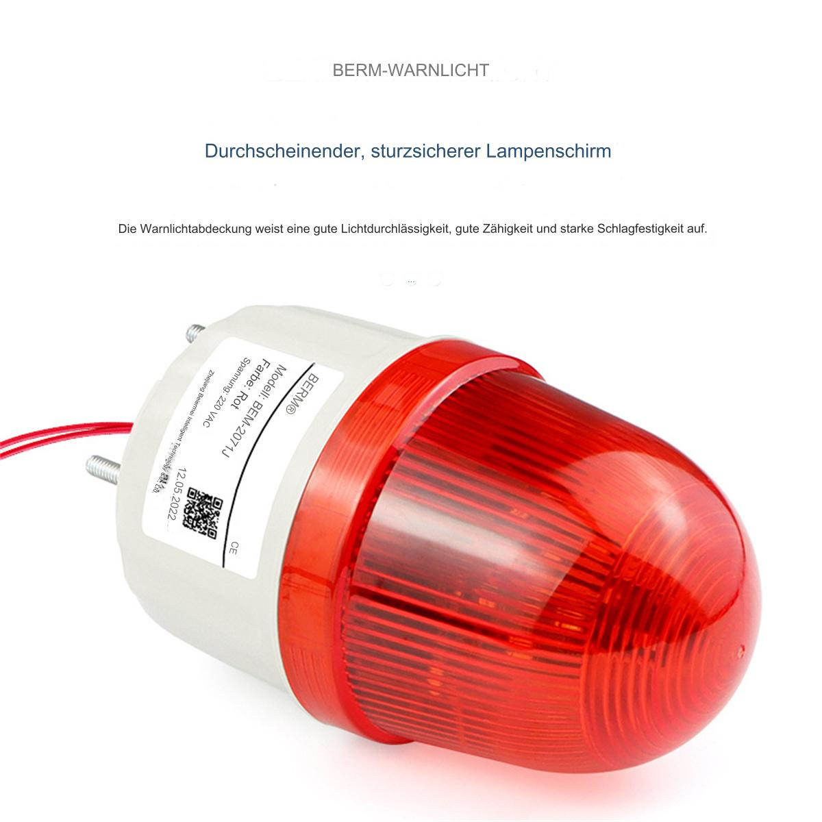 Rote Warnleuchte mit weißem Sockel. Die Leuchte hat einen klaren, robusten Lampenschirm.