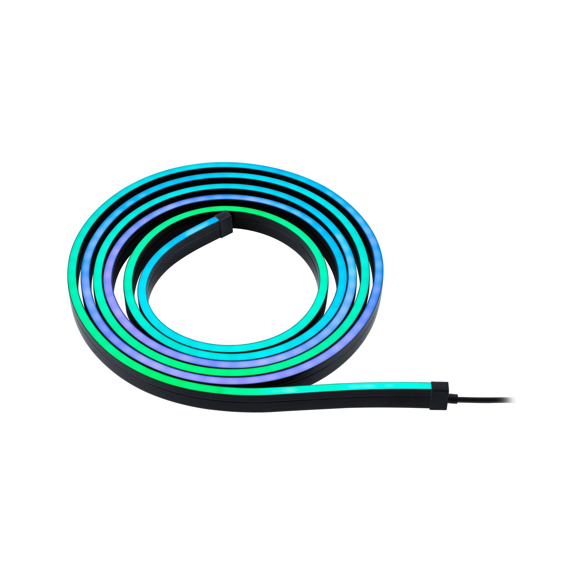 Eine aufgerollte, mehrfarbige LED-Lichtleiste. Die Farben sind blau, grün und lila. Der Streifen befindet sich auf weißem Hintergrund.