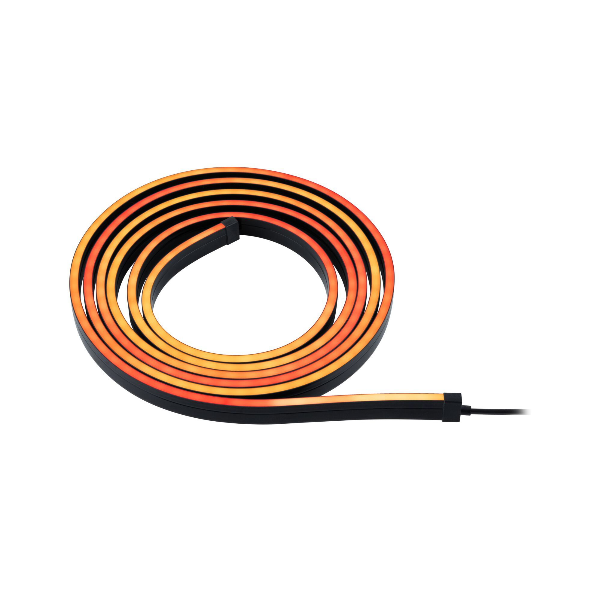 Gewickelter orange-schwarzer Lichtstreifen. Der Streifen ist flexibel und zeigt ein helles Licht.