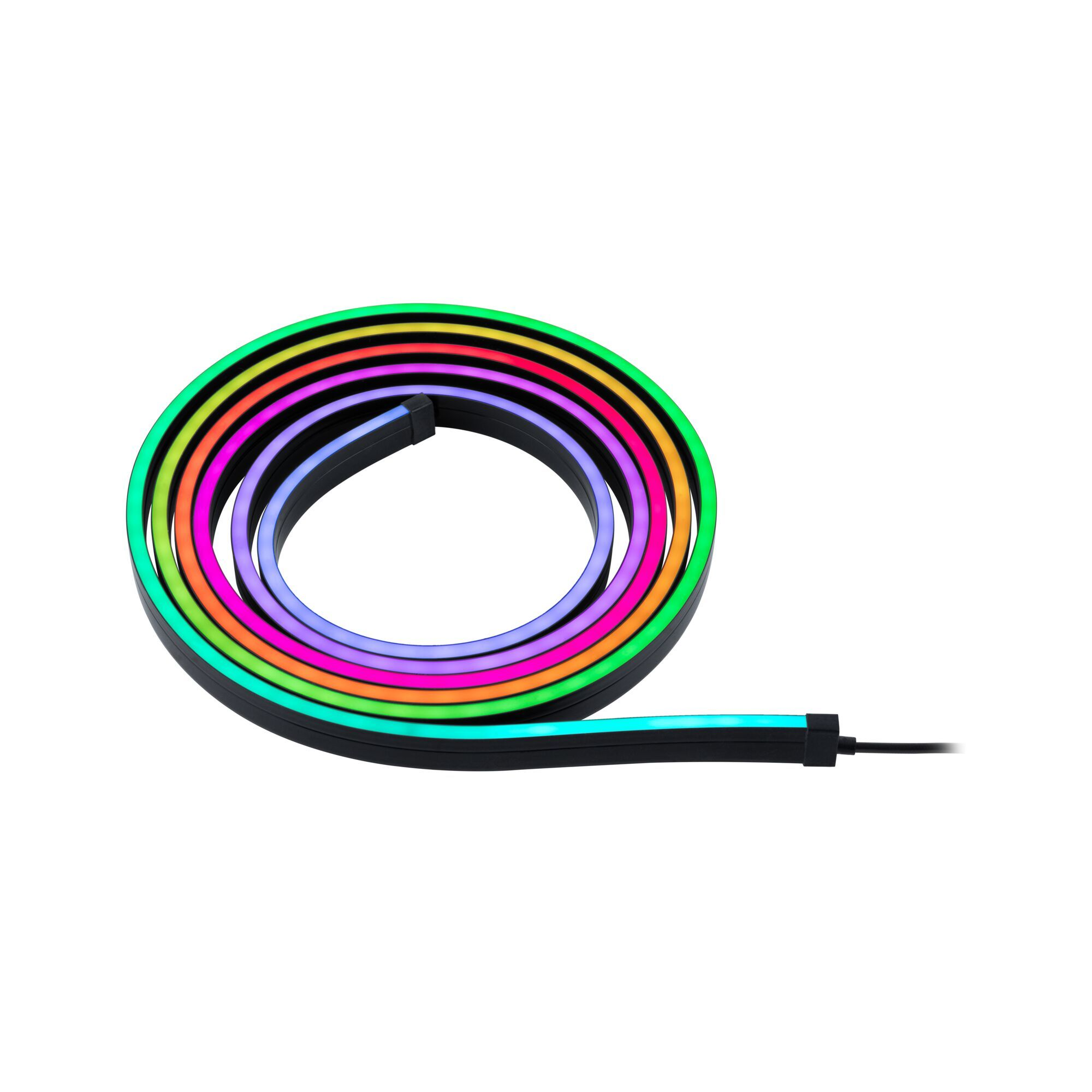 Gewundener, flexibler LED-Streifen mit mehreren Farben. Auf weißem Hintergrund.