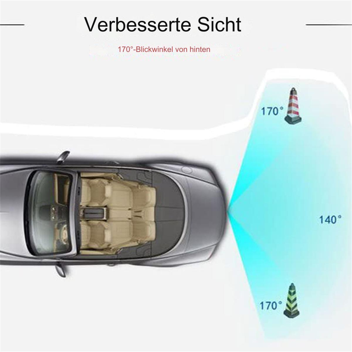 Rückansicht des Autos mit Kegeln, die 170° und 140° Blickwinkel zeigen.