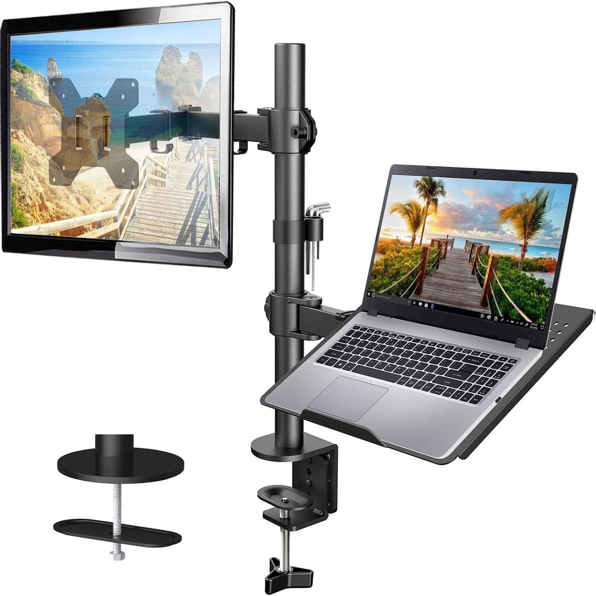 Ein Monitor und ein Laptop sind auf einem schwarzen Ständer montiert.