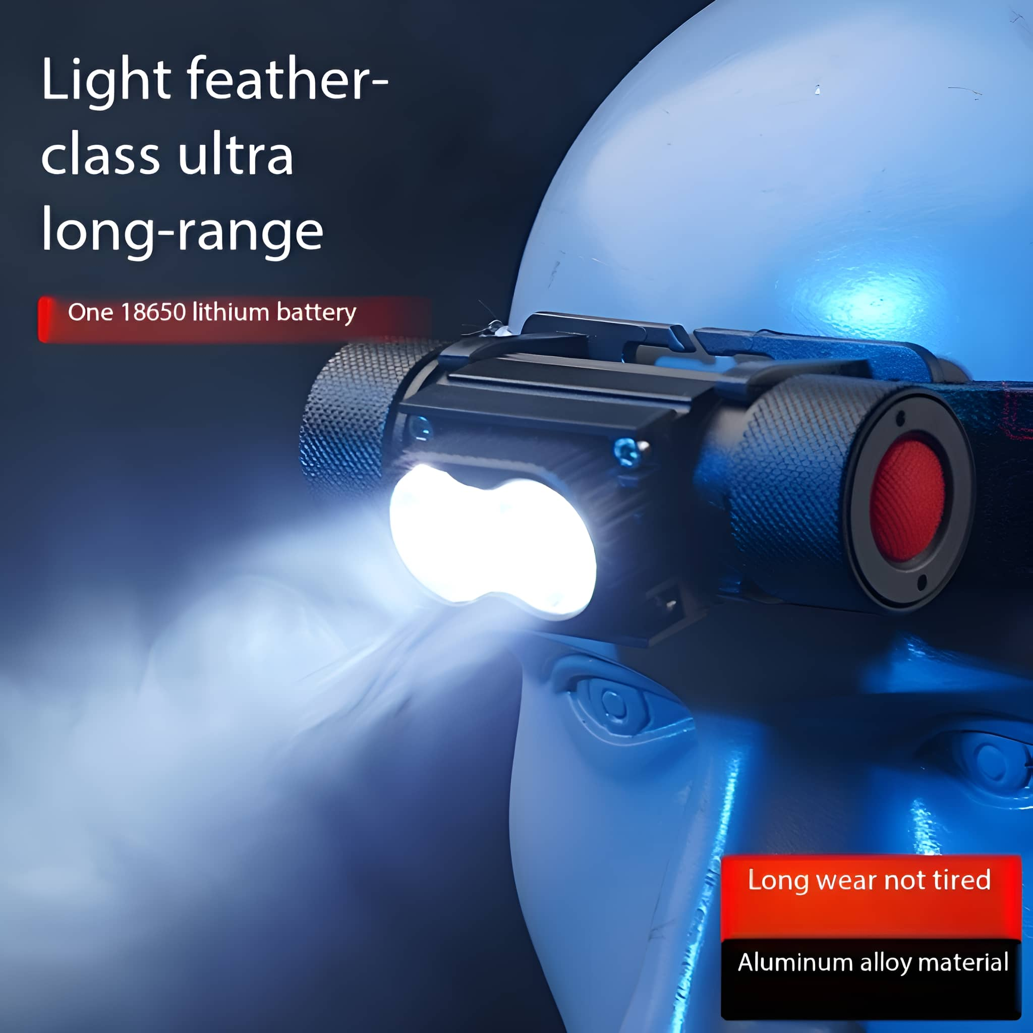 Eine Stirnlampe auf einem Schaufensterkopf. Sie hat ein helles weißes Licht und ist blau.