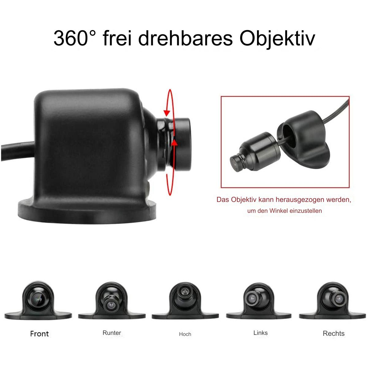 Diagramm, das eine schwarze Autokamera mit rotierendem Objektiv und einer kleineren, abgetrennten Komponente zeigt.