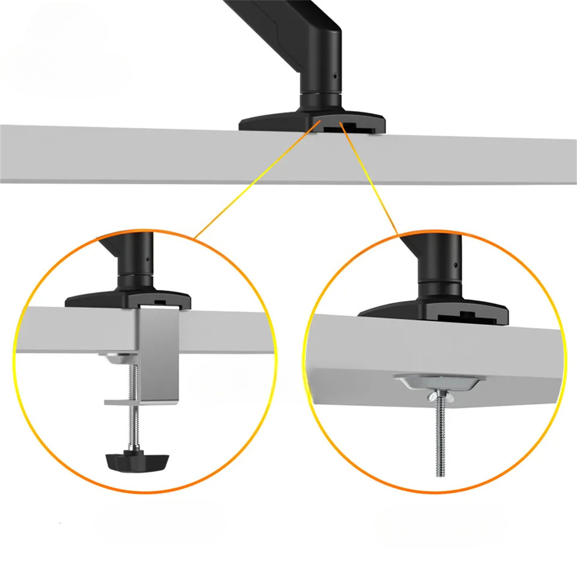 Nahaufnahme zeigt zwei Montageoptionen für einen Monitorarm. Eine mit Klemme, eine mit Schraube.