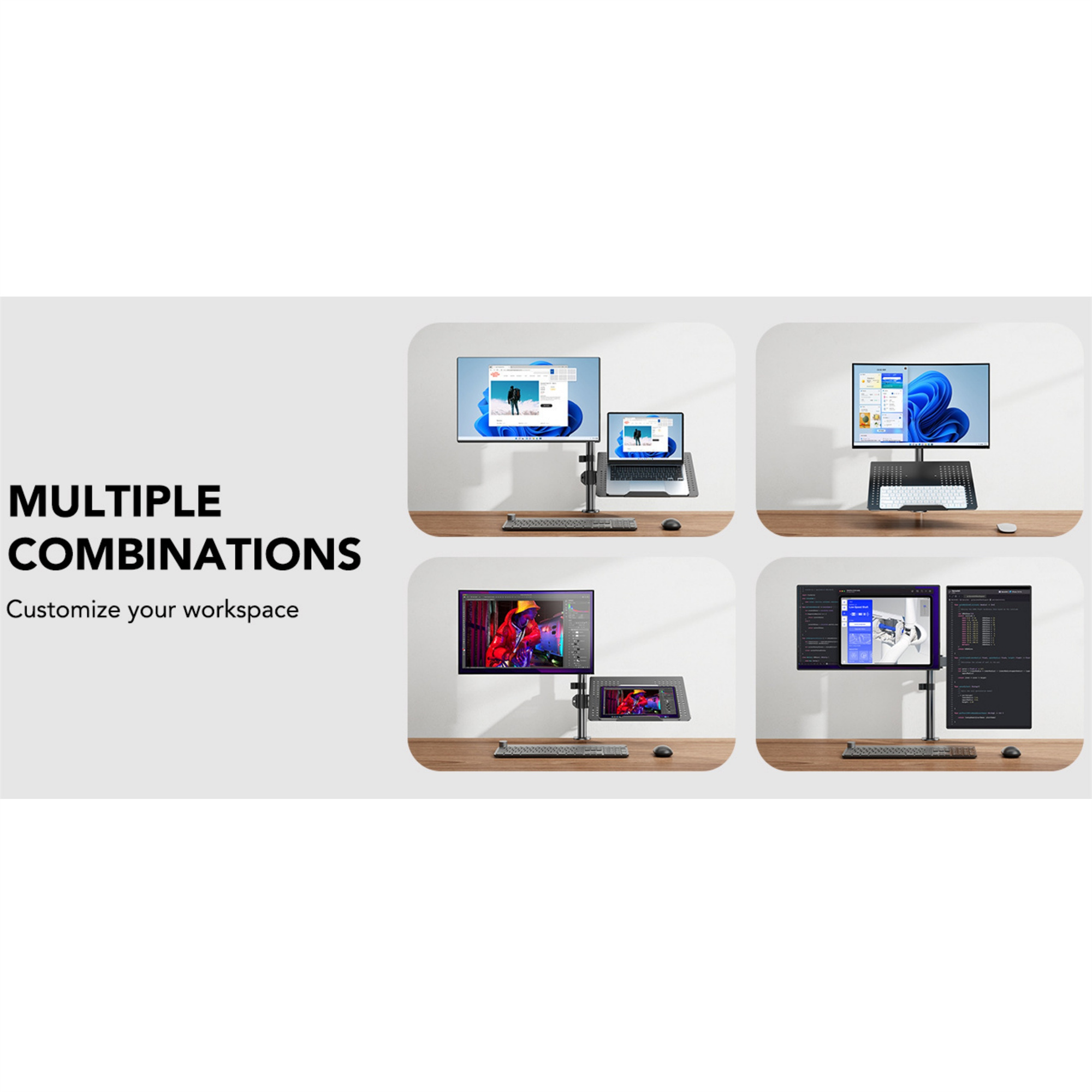 Mehrere Kombinationen von Computerkonfigurationen auf einem Holzschreibtisch: Monitore, Laptops, Tastaturen und ein Zeichentablett.