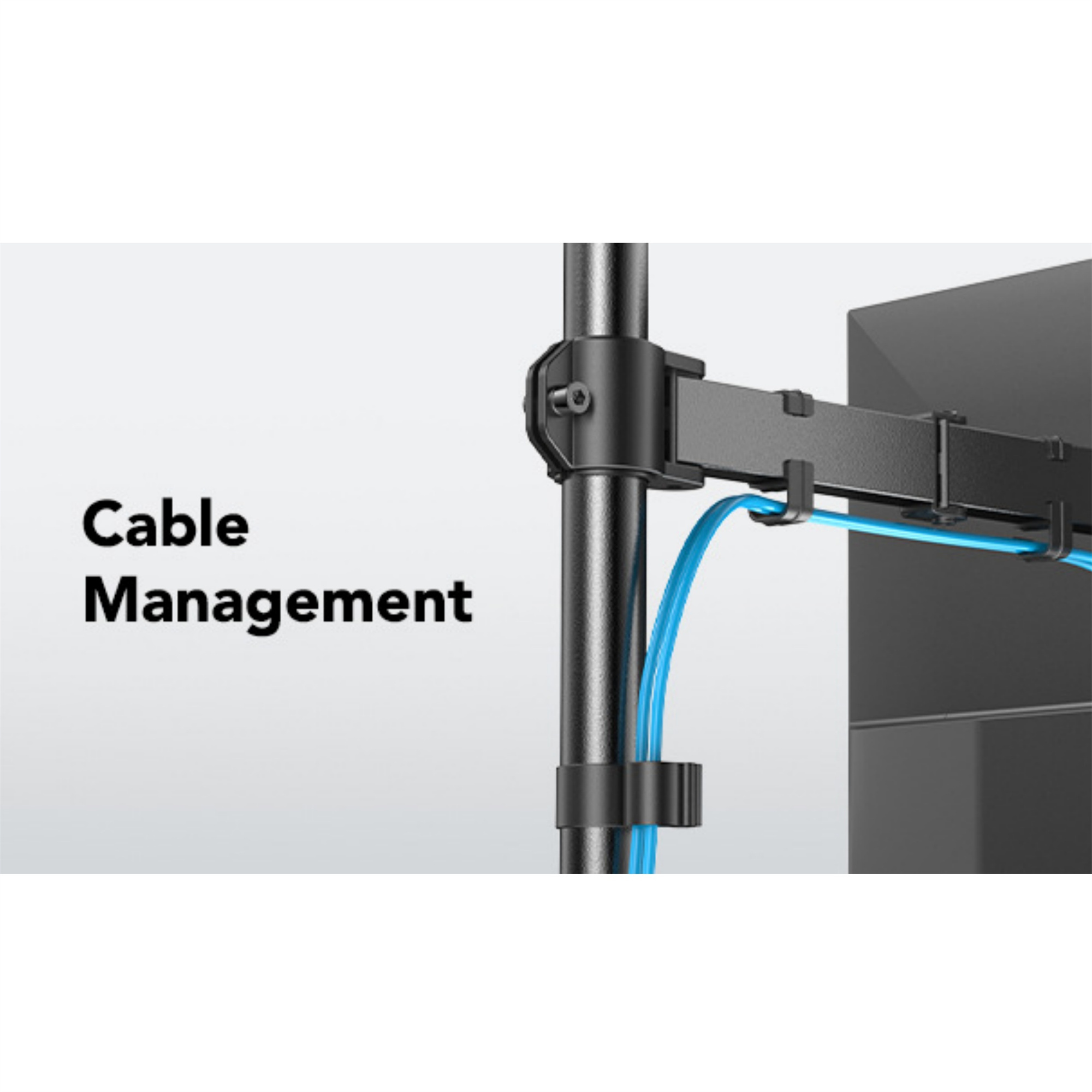 Schwarze Kabel an einem Monitorarm auf hellgrauem Hintergrund. Text: 'Cable Management'.