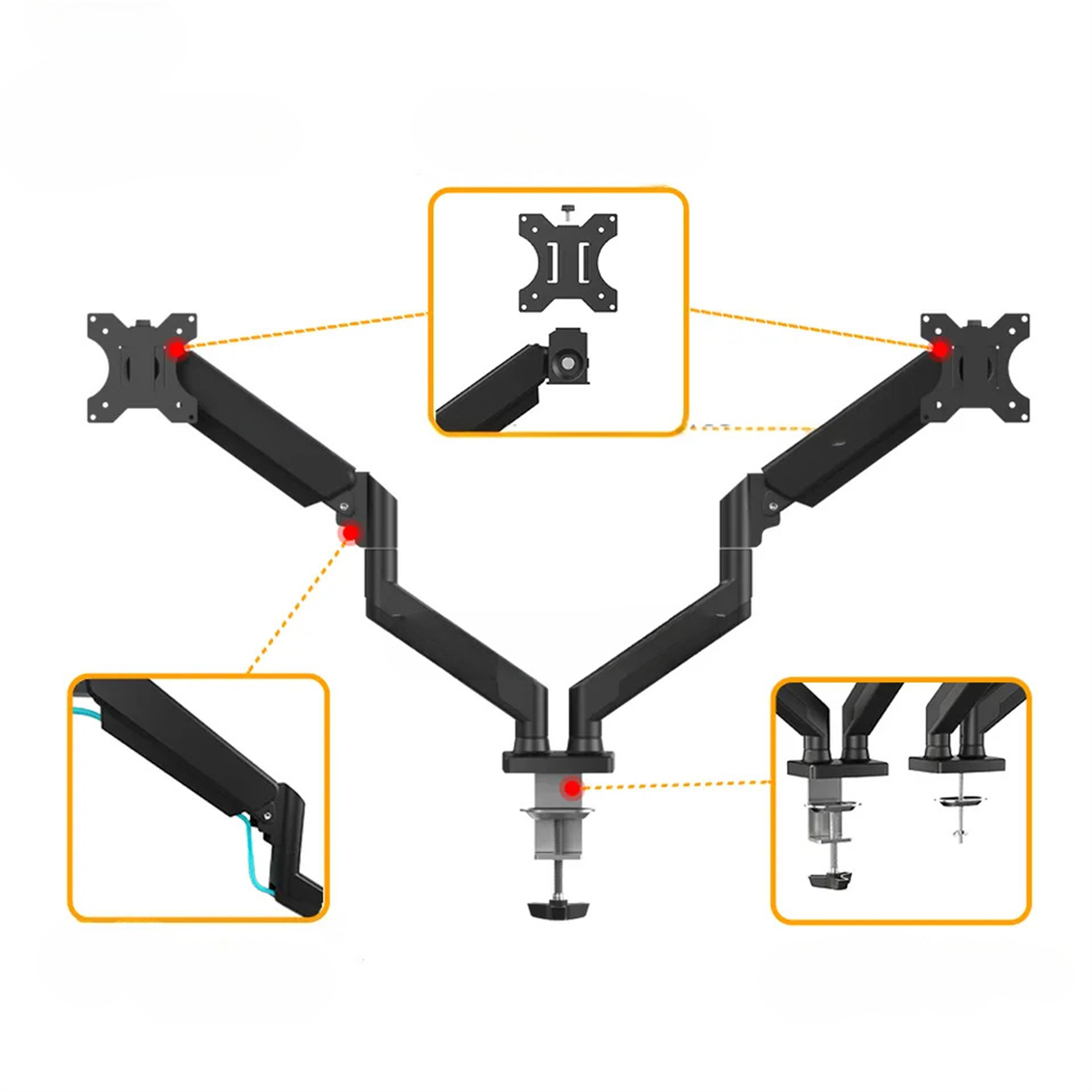 Doppelmonitorarm-Setup mit detaillierten Diagrammen. Der Arm ist schwarz, der Hintergrund weiß.