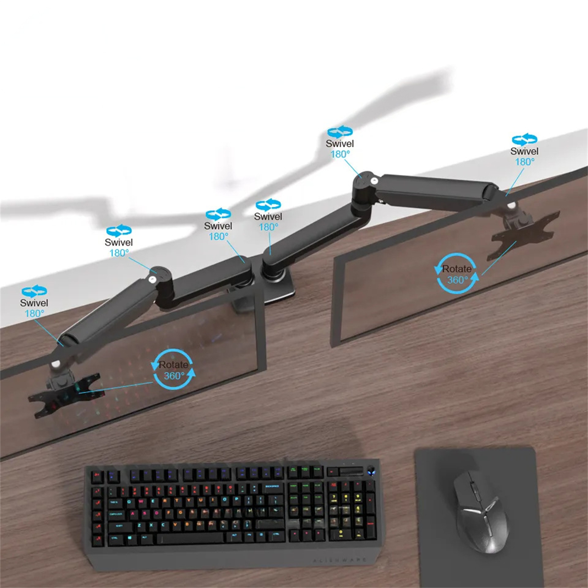 Zwei-Monitor-Setup auf einem Schreibtisch. Tastatur und Maus im Vordergrund. Monitore rotieren 180 und 360 Grad.