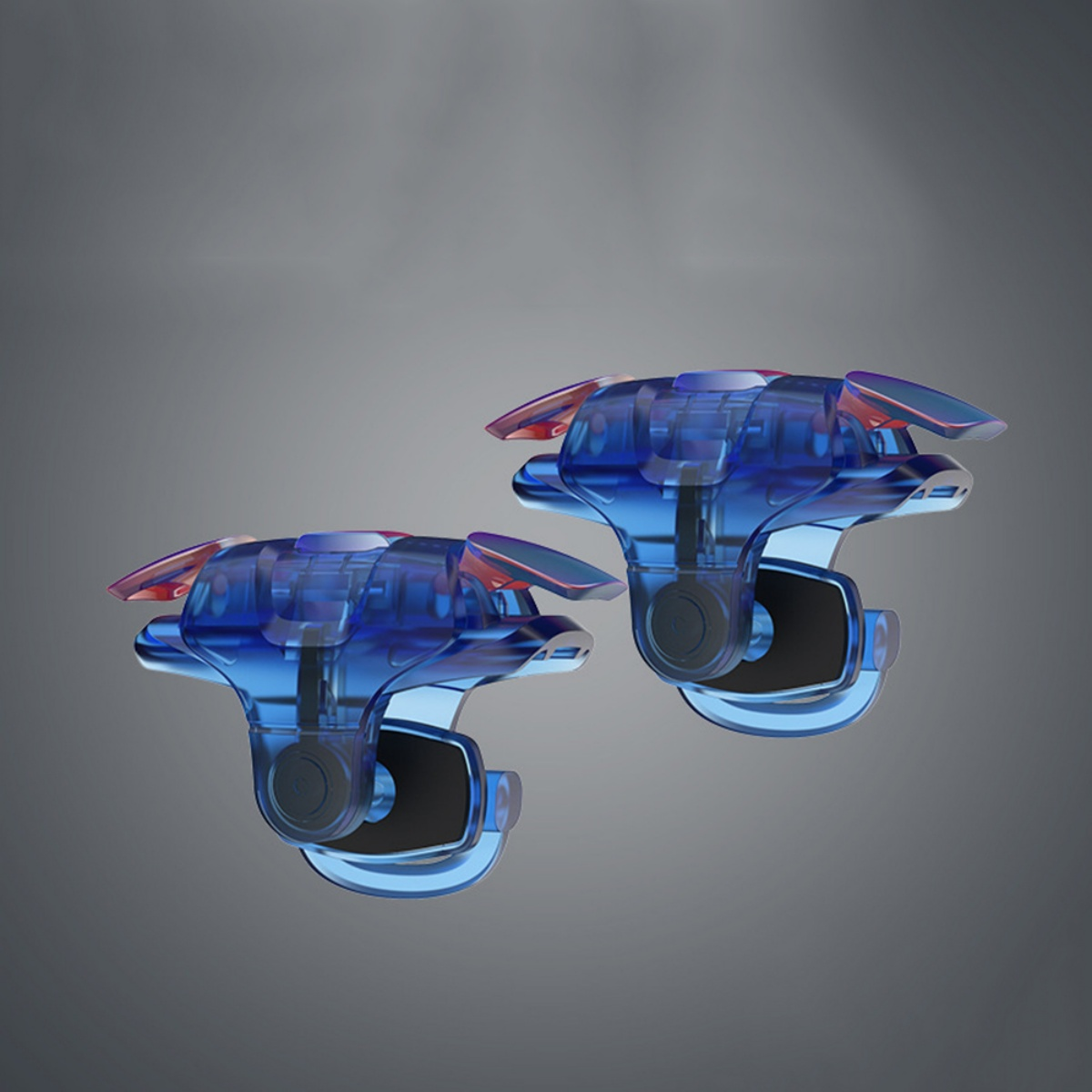 Zwei blaue Gaming-Trigger. Sie sind transparent und haben rote Akzente.