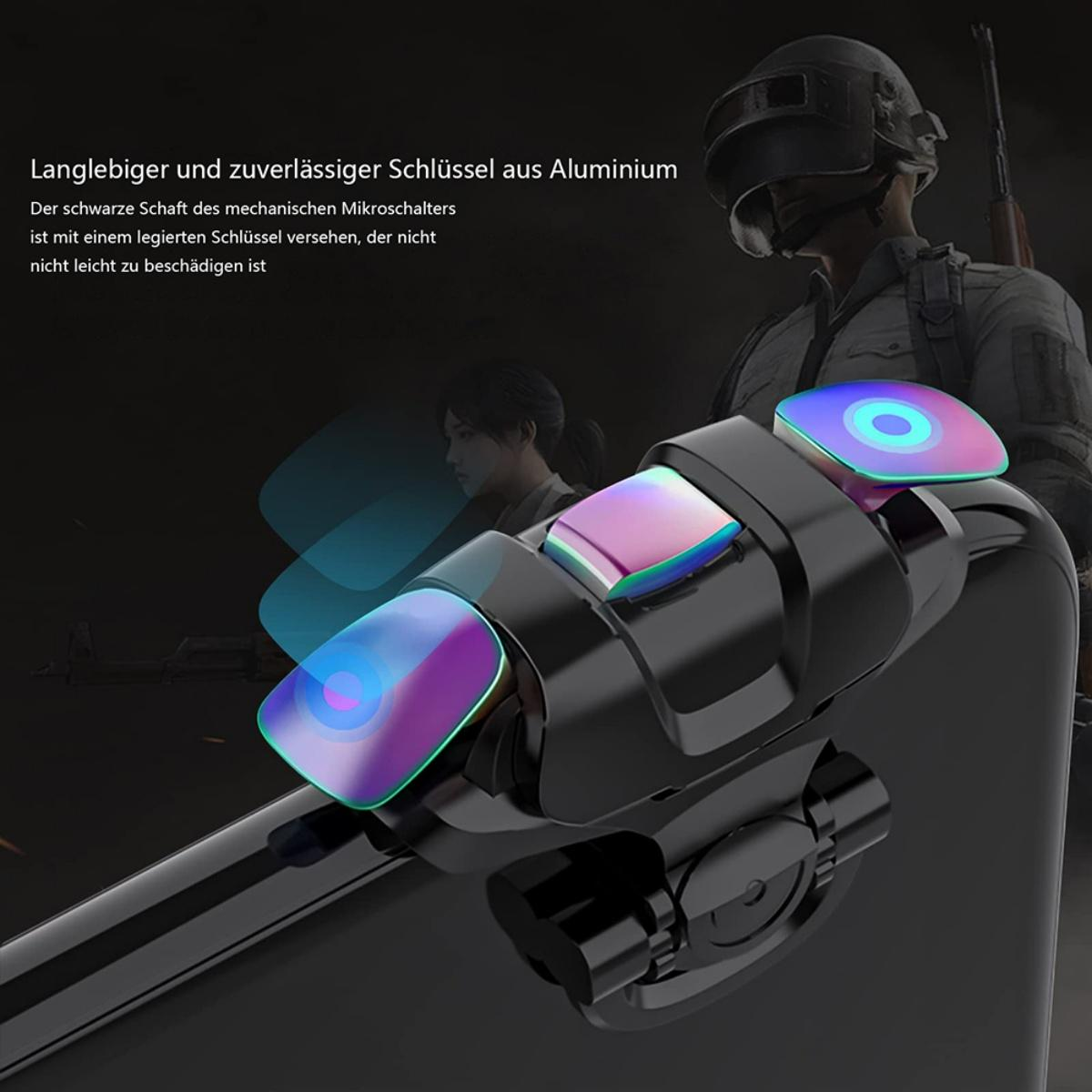 Ein schwarzer Gaming-Controller mit farbigen Knöpfen wird mit einem verschwommenen Bild eines Spielcharakters gezeigt.