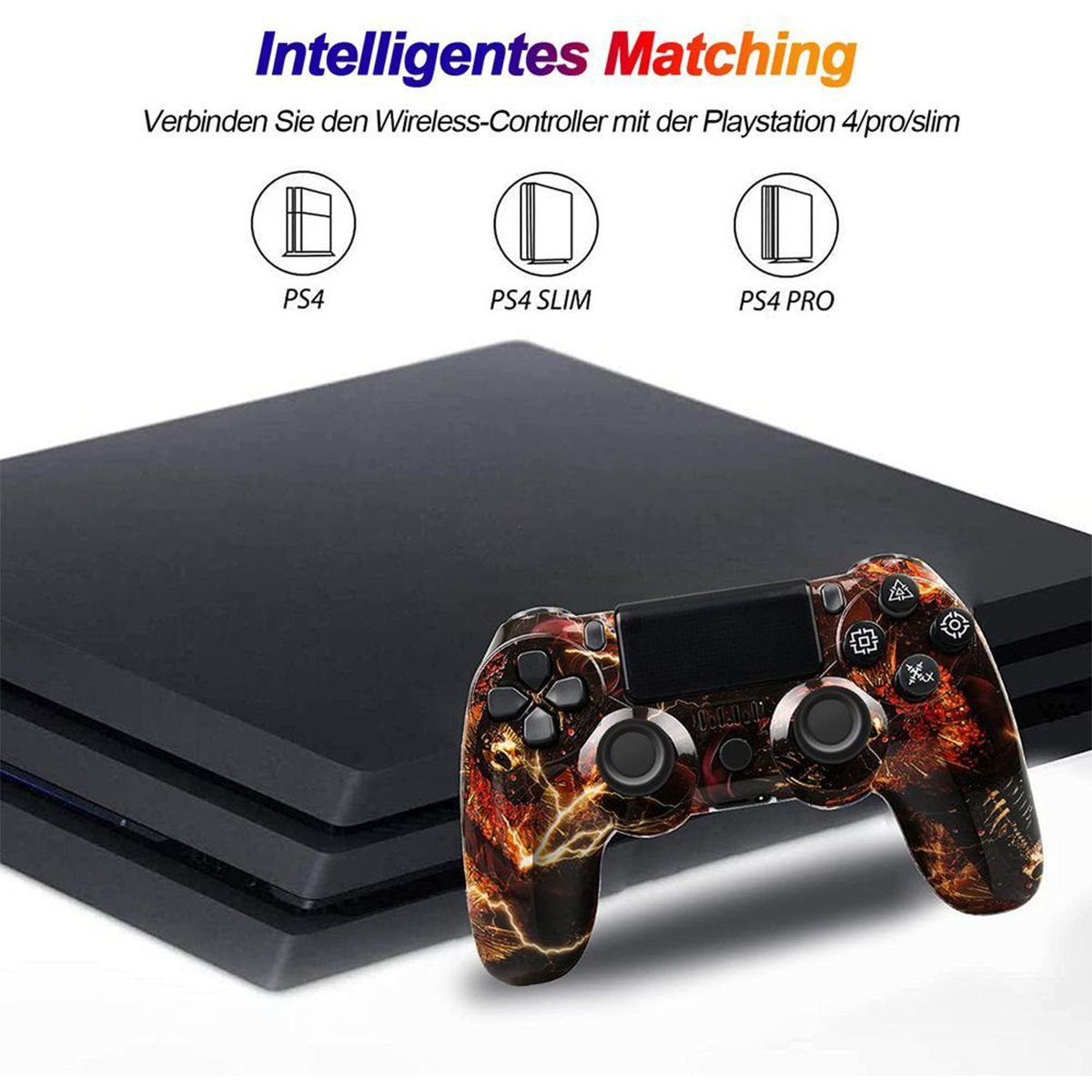 Eine schwarze Spielkonsole mit Controller, Text oben zeigt Kompatibilität mit verschiedenen PlayStation-Modellen.