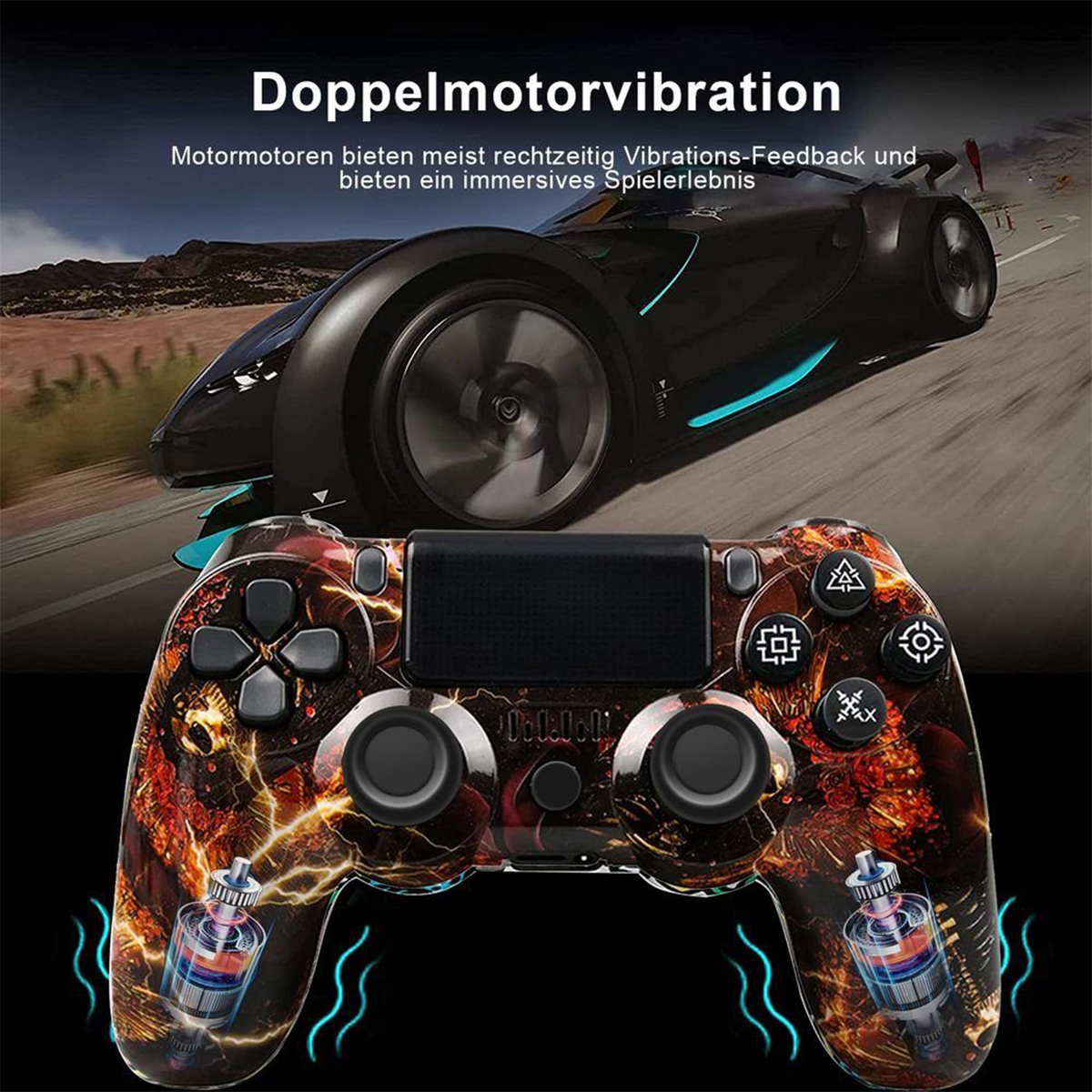 Gamecontroller mit farbenfrohem Design. Text: 'Doppelmotorvibration' und Diagramme der Motoren.