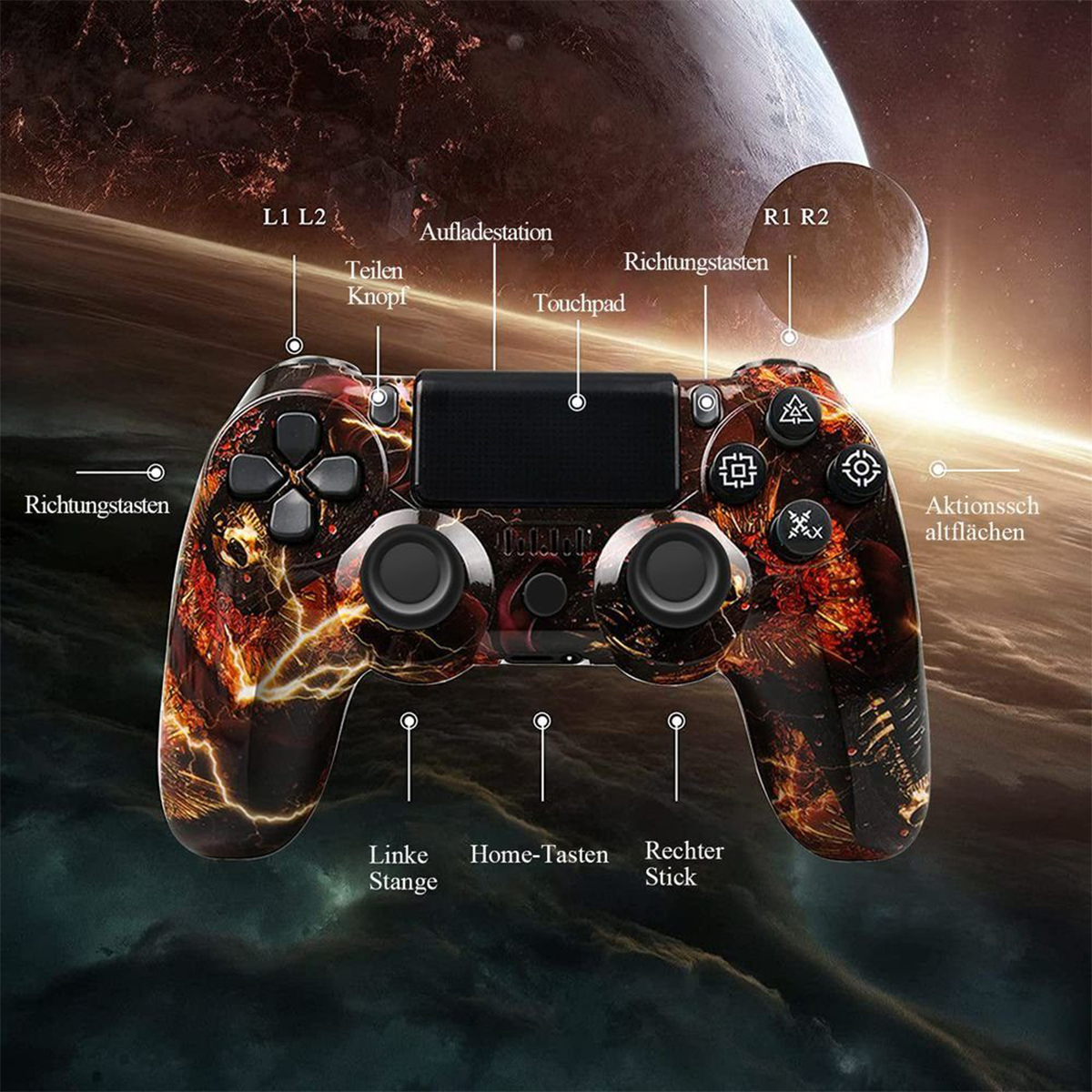 Detailliertes Bild eines angepassten PS4-Controllers. Es zeigt Knöpfe, Sticks und ein Touchpad mit feurigem Design.