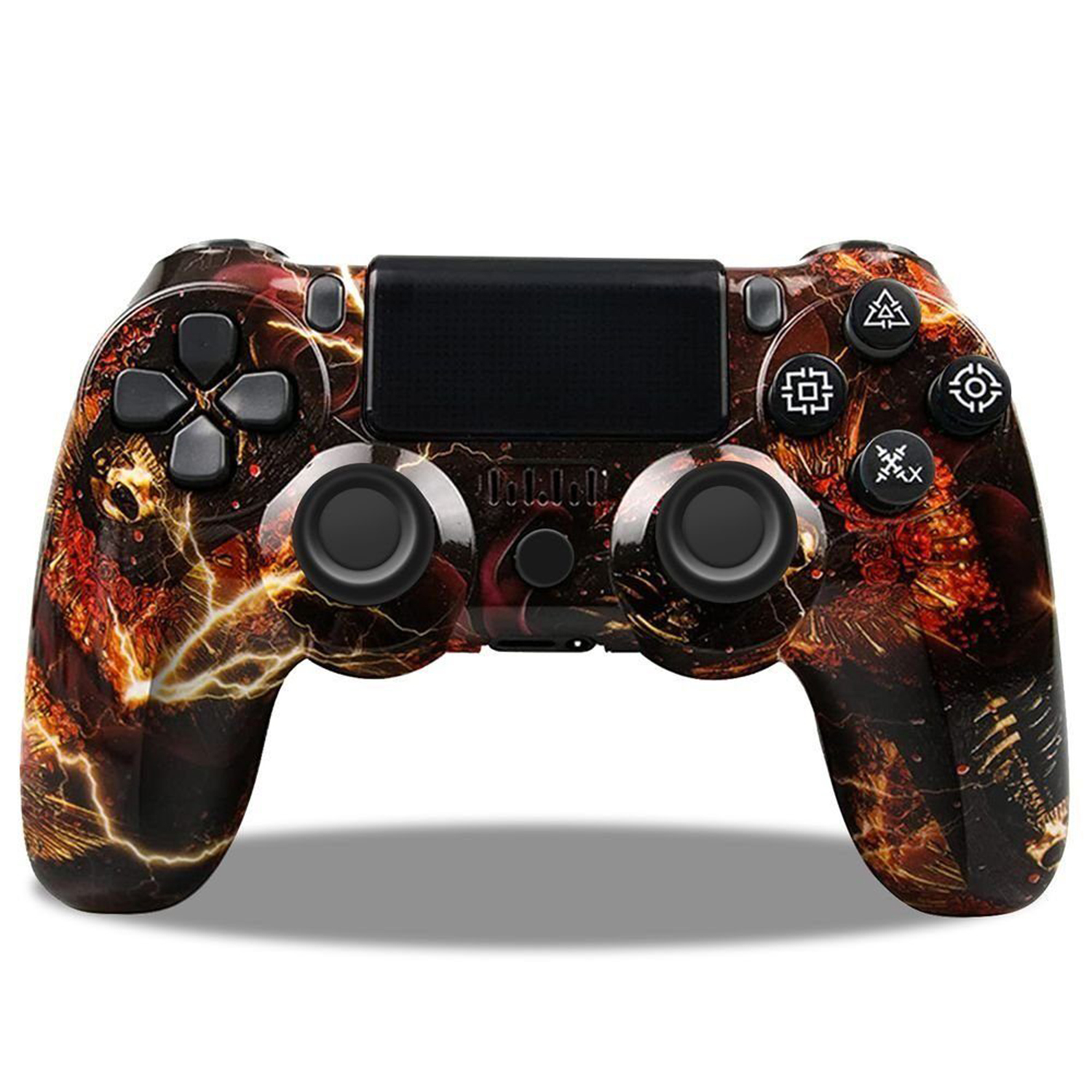 Schwarz-rot gemusterter PS4-Controller auf weißer Oberfläche.