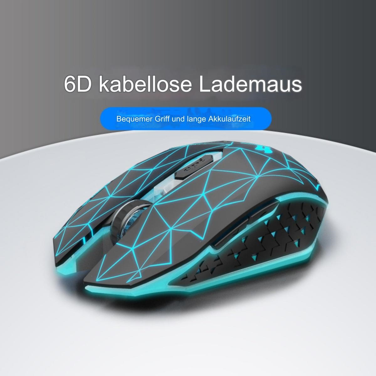 Eine 6D-Funkmaus mit blauem geometrischem Muster auf schwarzer Oberfläche. Text auf Deutsch.